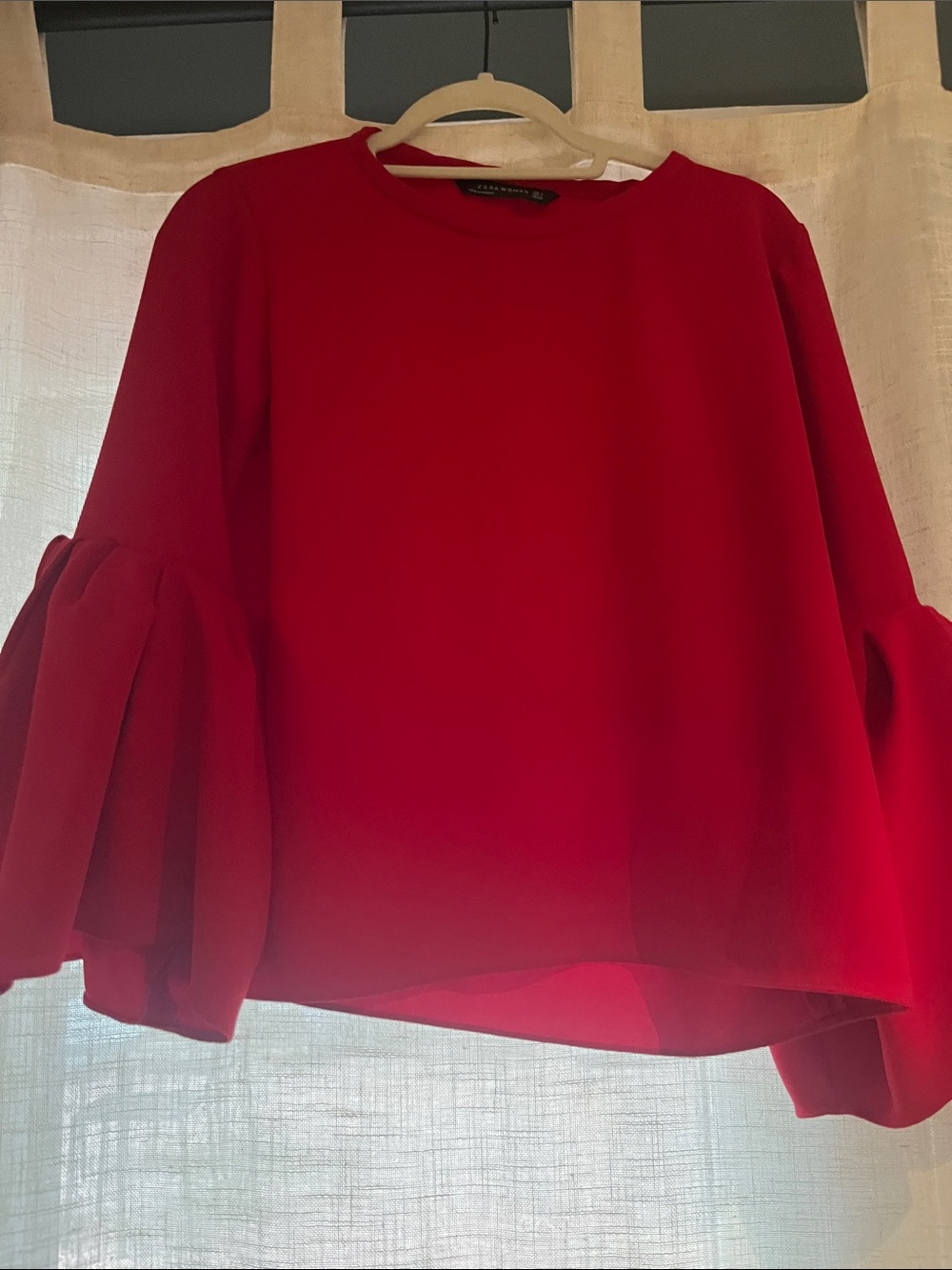 Zara Women's Red Bell-Sleeve Blouse - Classic Crewneck